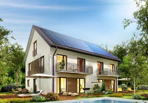 country house with solar panels on the roof and a terrace and pool picture id1173146698.jpg