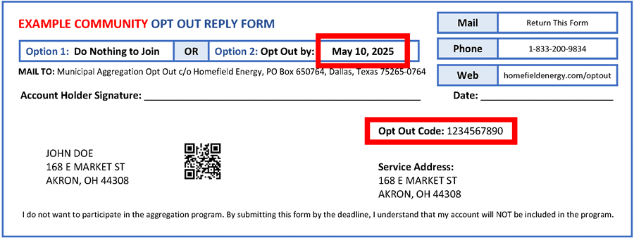 Example community opt out reply form that highlights the placement of the date to opt out by and the opt out code.