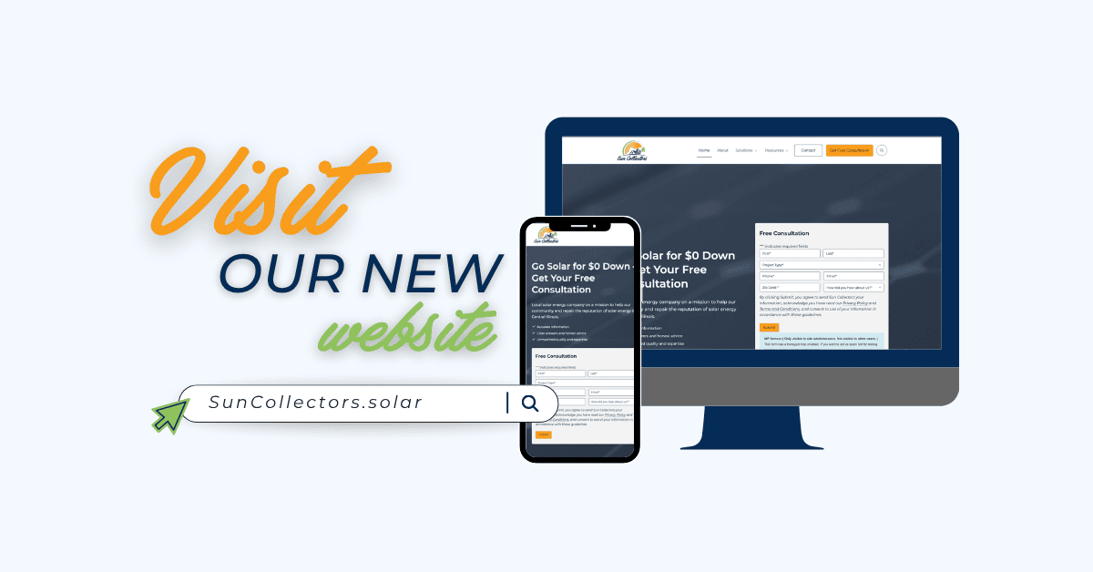 Sun Collectors website launch featured image with laptop, solar icons, and clean branded layout